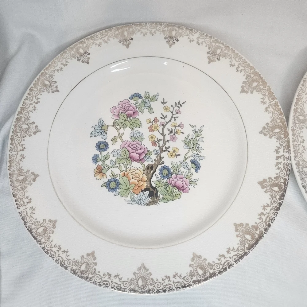 VTG Salem China Indian Tree Dinner Plates Set of 2 23K Gold Filigree 10”